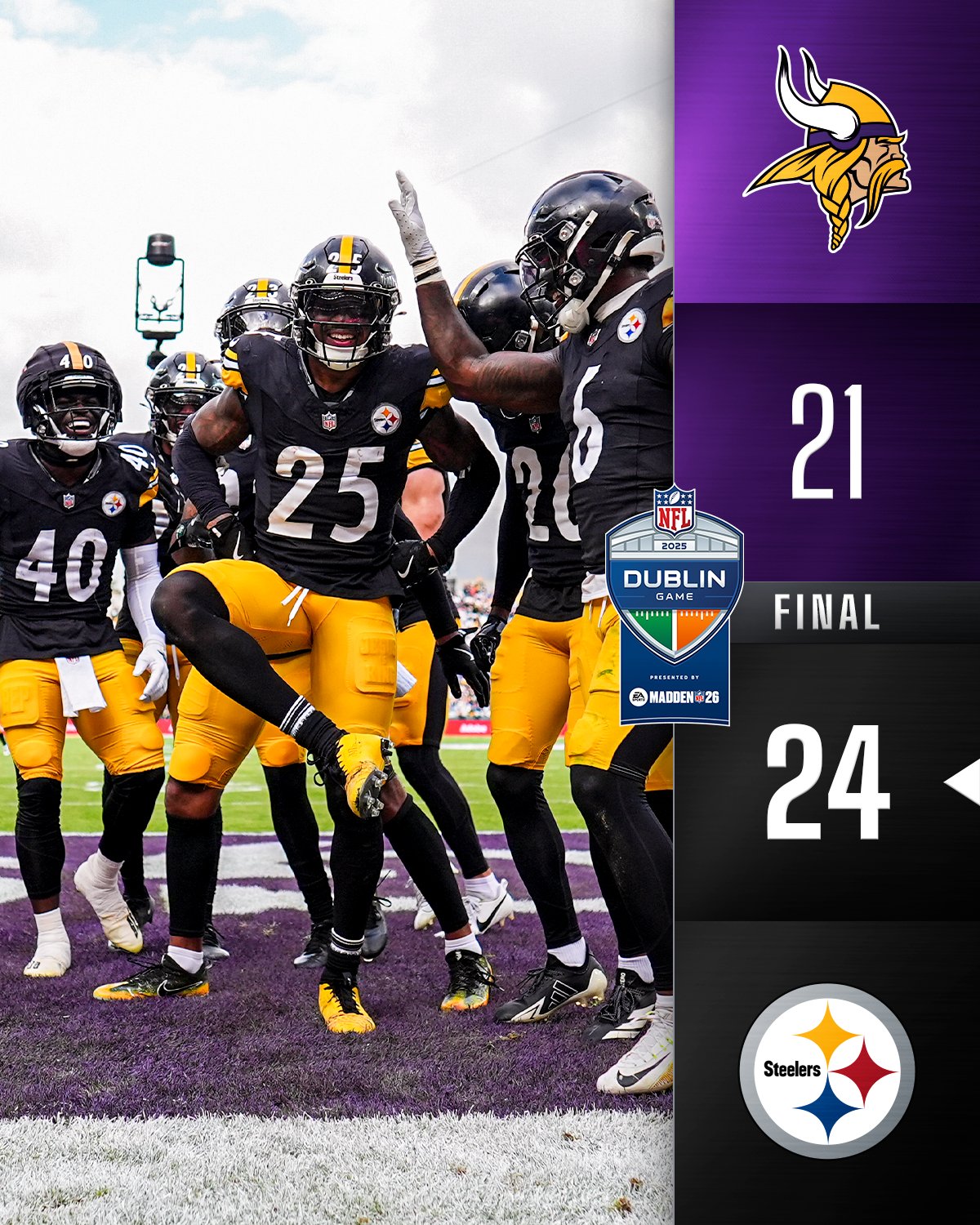Les Steelers de Pittsburgh ont battu le Minnesota Vikings 24-21 à Croke Park